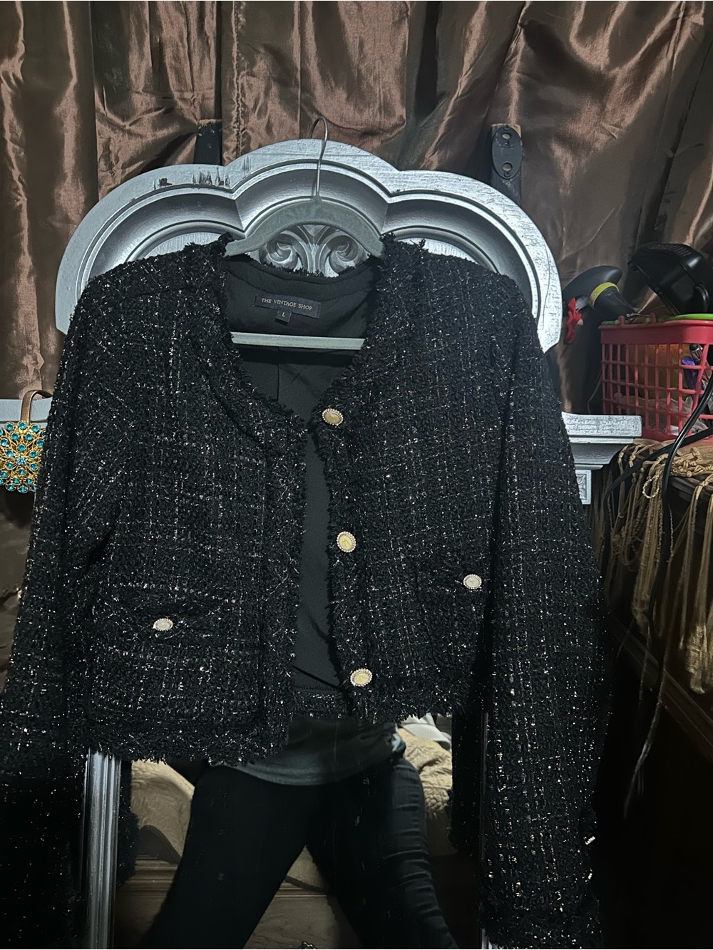 The Vintage Shop Black Tweed Cropped Blazer with Gold Buttons